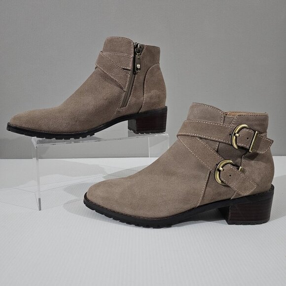 NEW Blondo Shanna Ankle Bootie Womens 7.5 Mushroom Taupe Suede Waterproof Moto - Picture 2 of 13